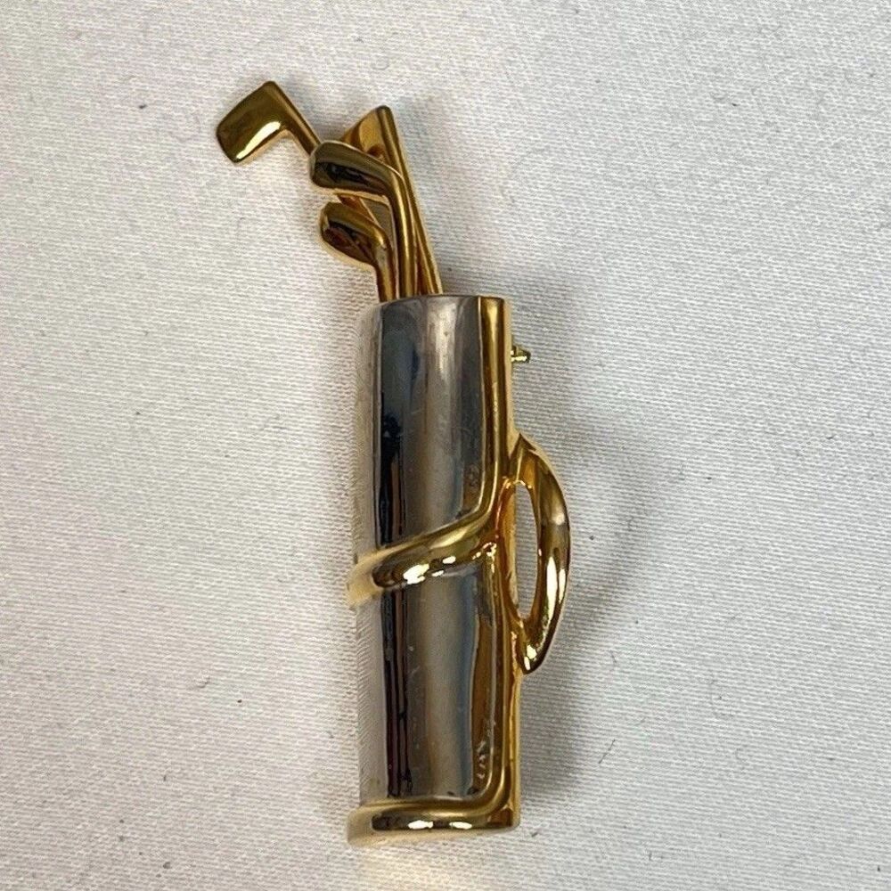Vintage Golf Bag & Clubs Brooch Gold Tone Golf Pin Sports Golfer Gift 2 Inch